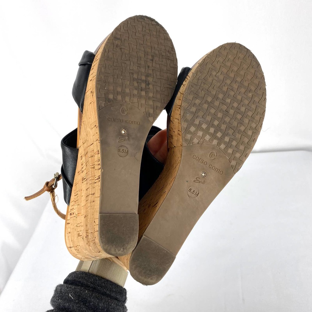 Corso Como Cork Wedge Sandals Black Brown Leather Platform Colorblock 8.5 - Picture 8 of 9